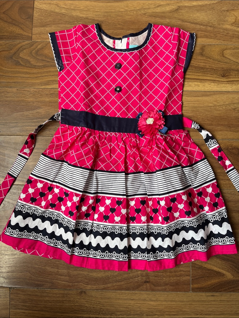 Girls' Pink Patterned Cotton Dress with Navy Accents Flower White Button summer